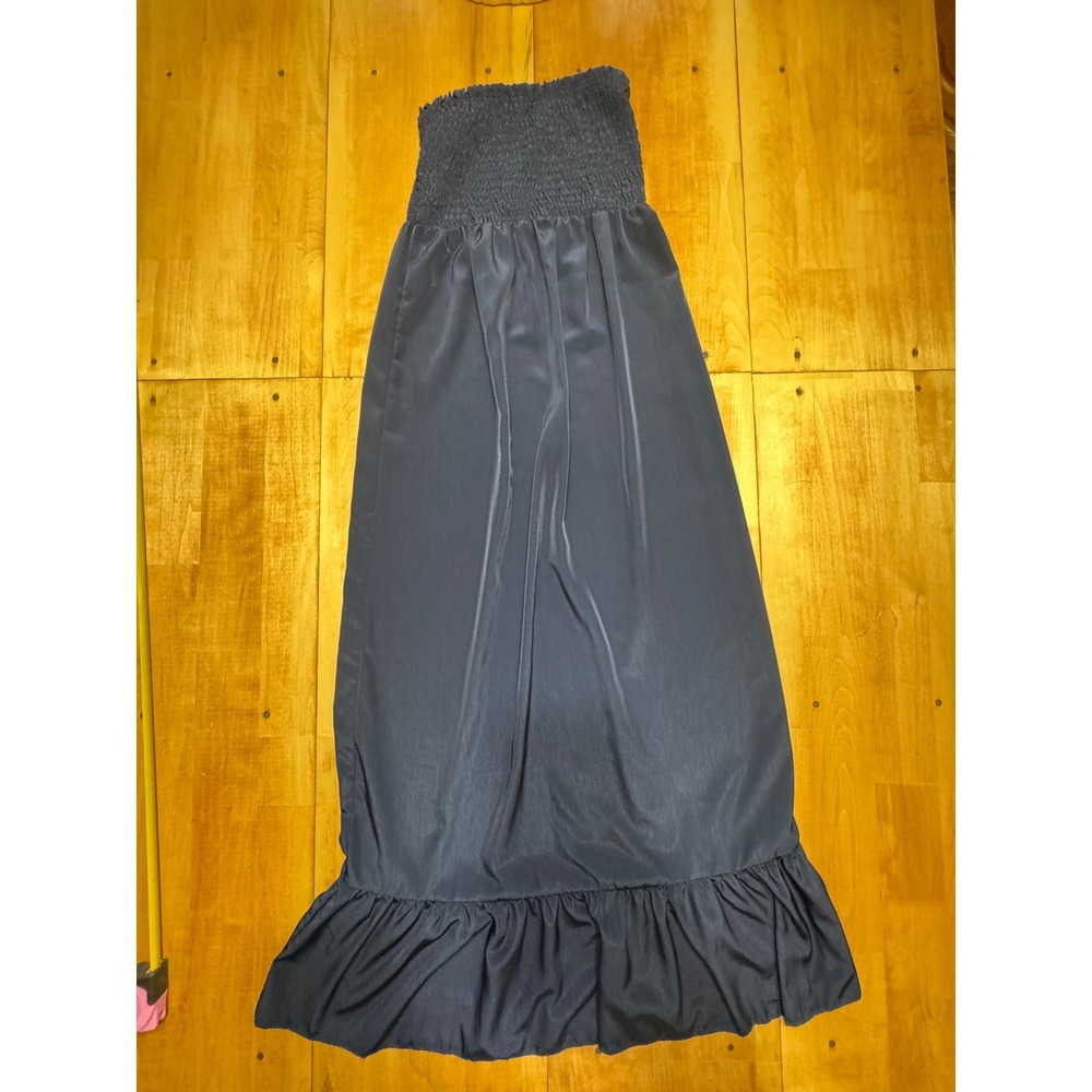 Navy Blue Strapless Ruffle Hem Satin Like Maxi‎ Dress Women Size M L